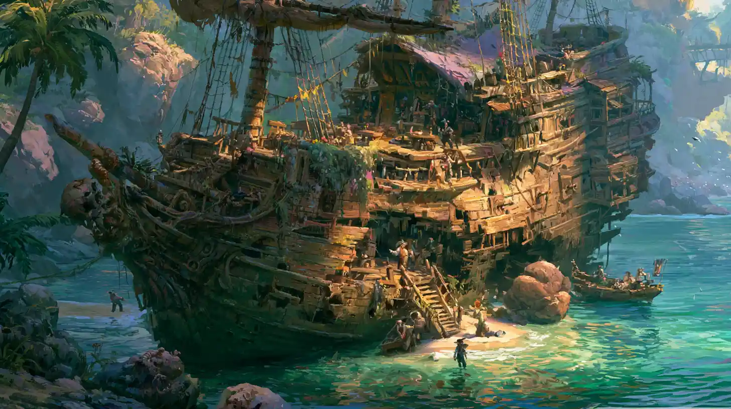 A wrecked pirate ship transformed into a hidden cove tavern