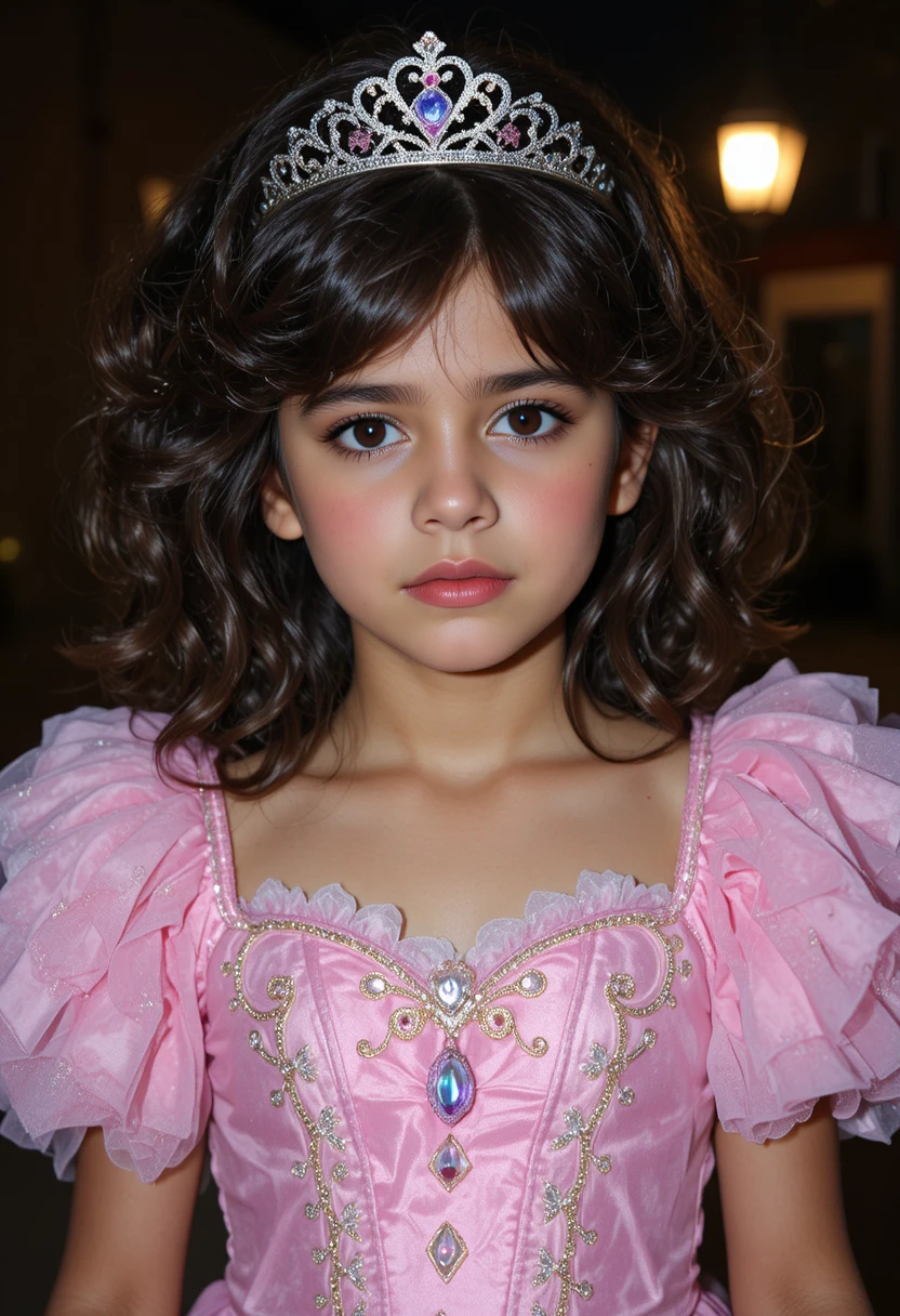 A nervous boy wears a pink princess dress outdoors at night