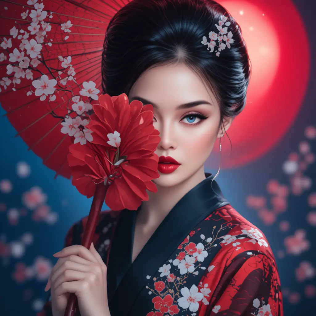 Una donna giapponese tiene un ombrello rosso e indossa un kimono con fiori di ciliegio