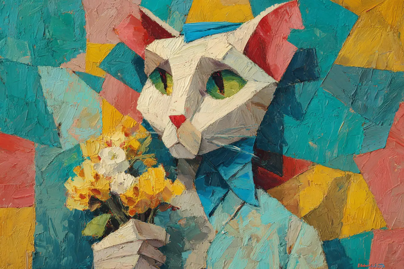 Un gatto cubista tiene fiori vivaci davanti a uno sfondo geometrico