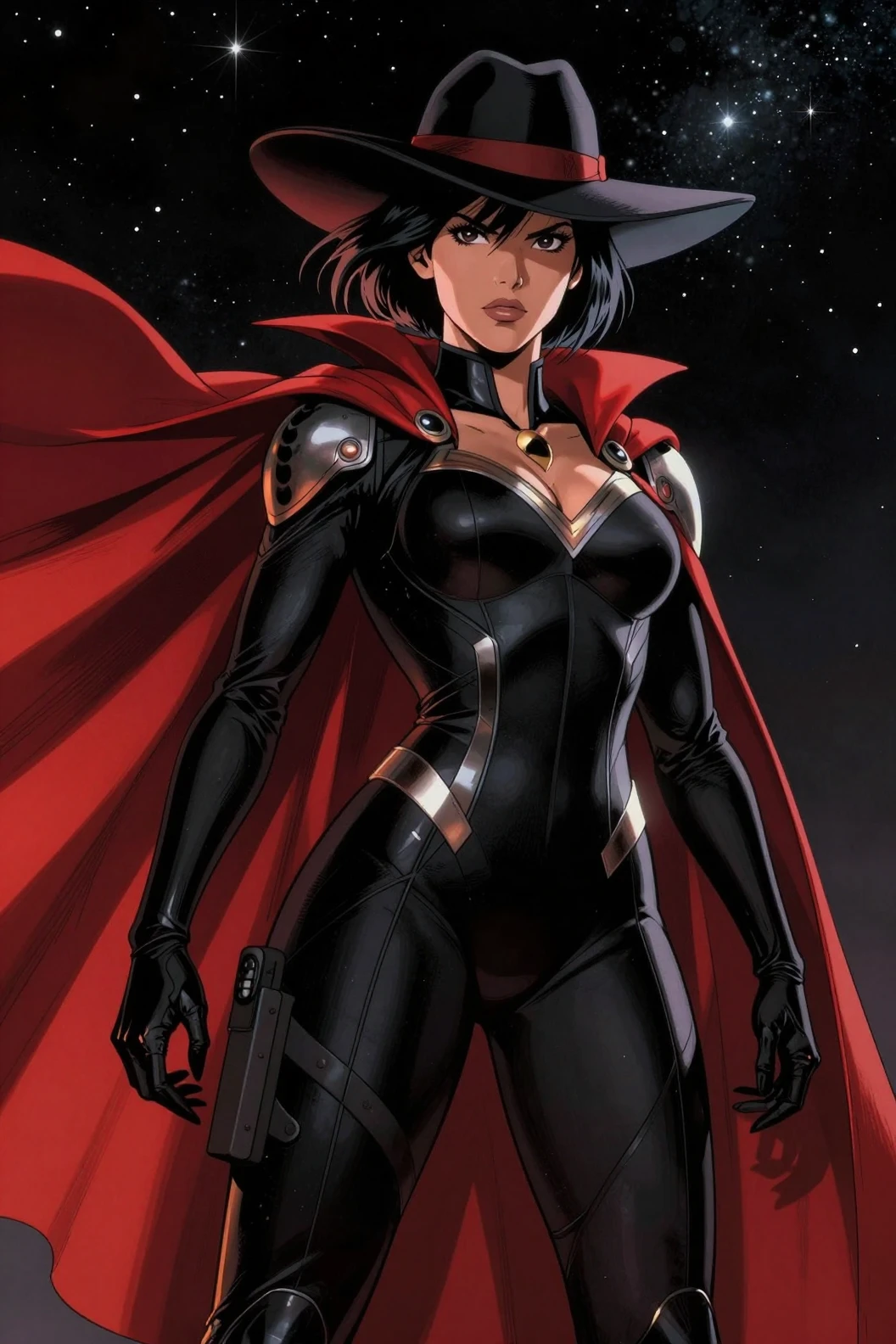 A caped superheroine stands beneath a starry night sky