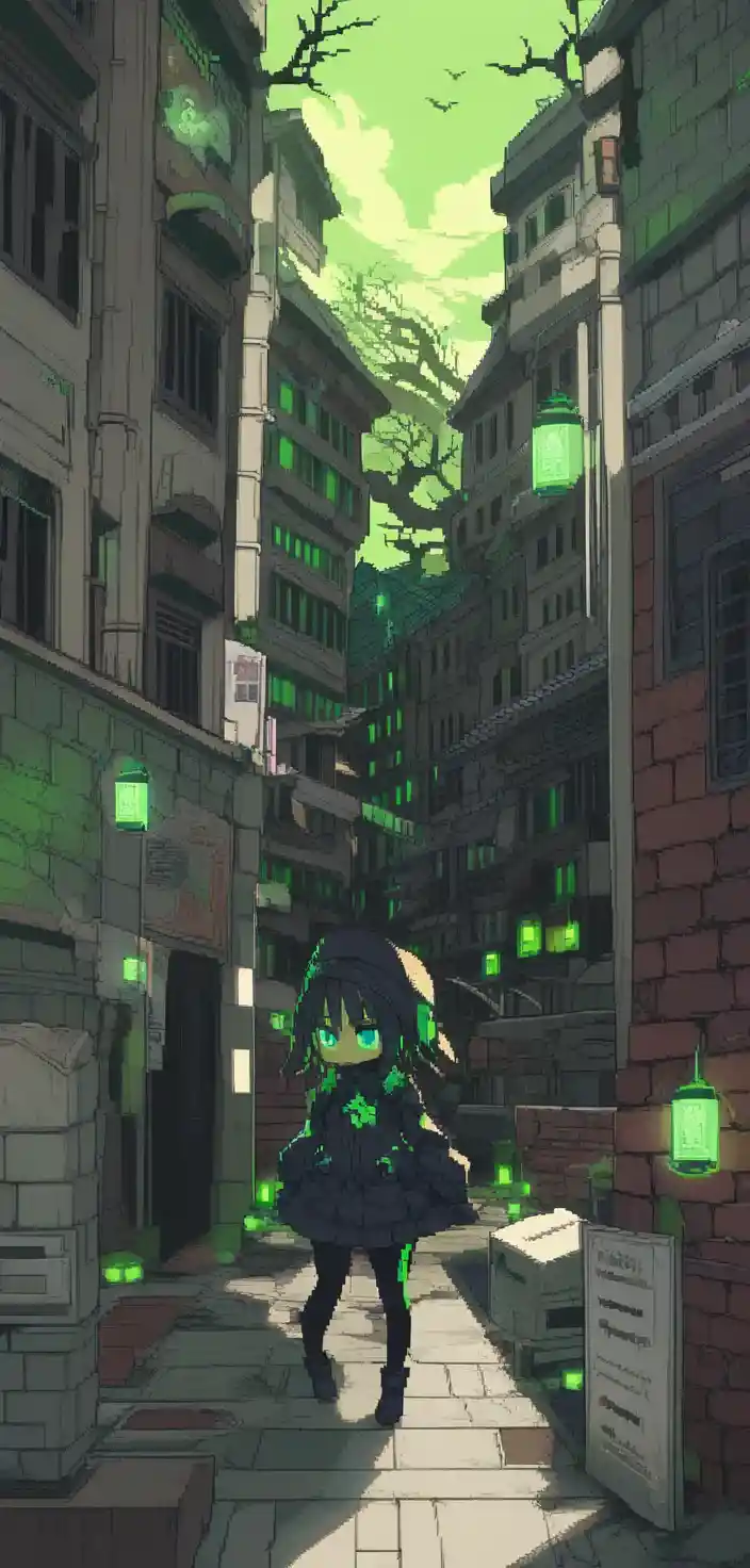 A pixel art girl walks past dead trees beneath green skies