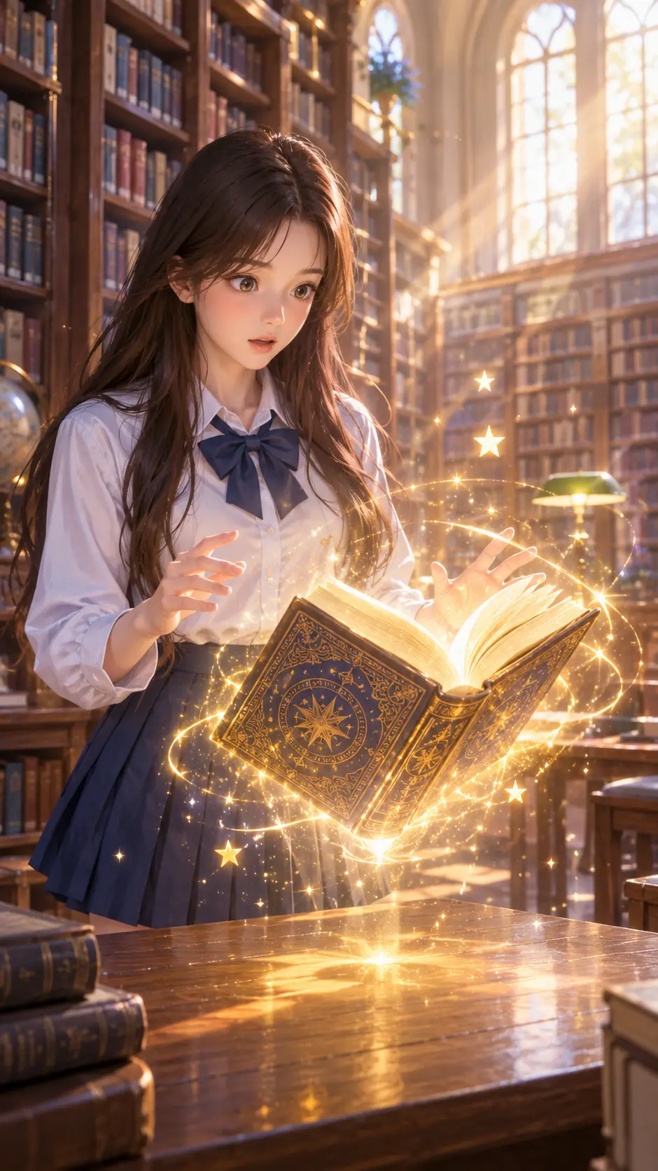 Una studentessa scopre un libro luminoso nella sua tranquilla biblioteca