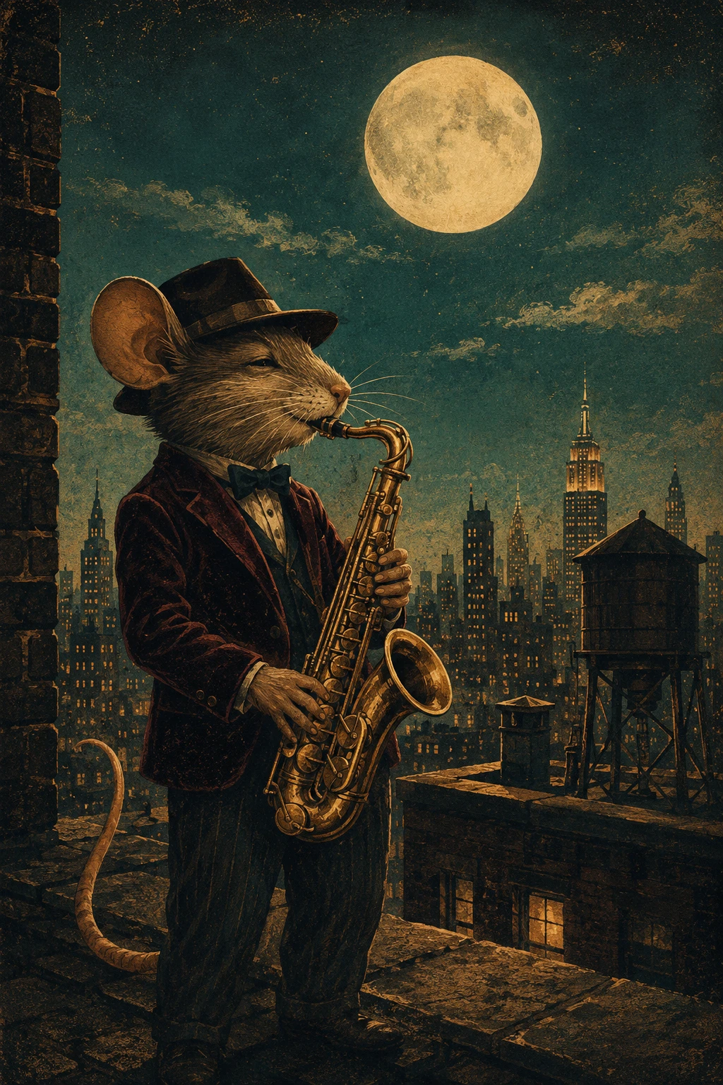 Un topo jazz suona il sassofono su un tetto sotto la luna piena
