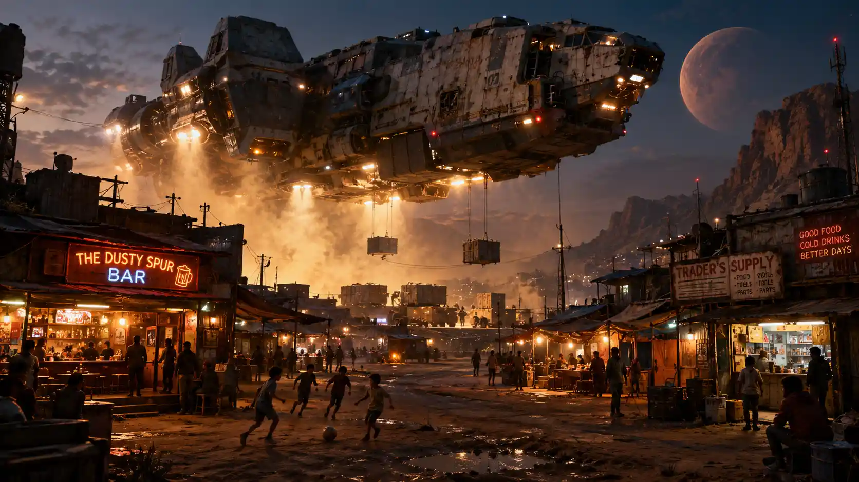 Ein Fraumschiff schwebt während der Versorgung über einer staubigen Alienstadt