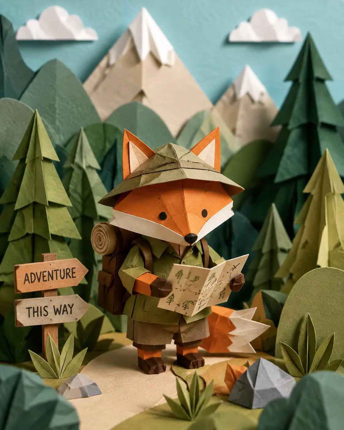 Un zorro explorador de papel sostiene un pequeño mapa entre colinas y árboles de papel recortado