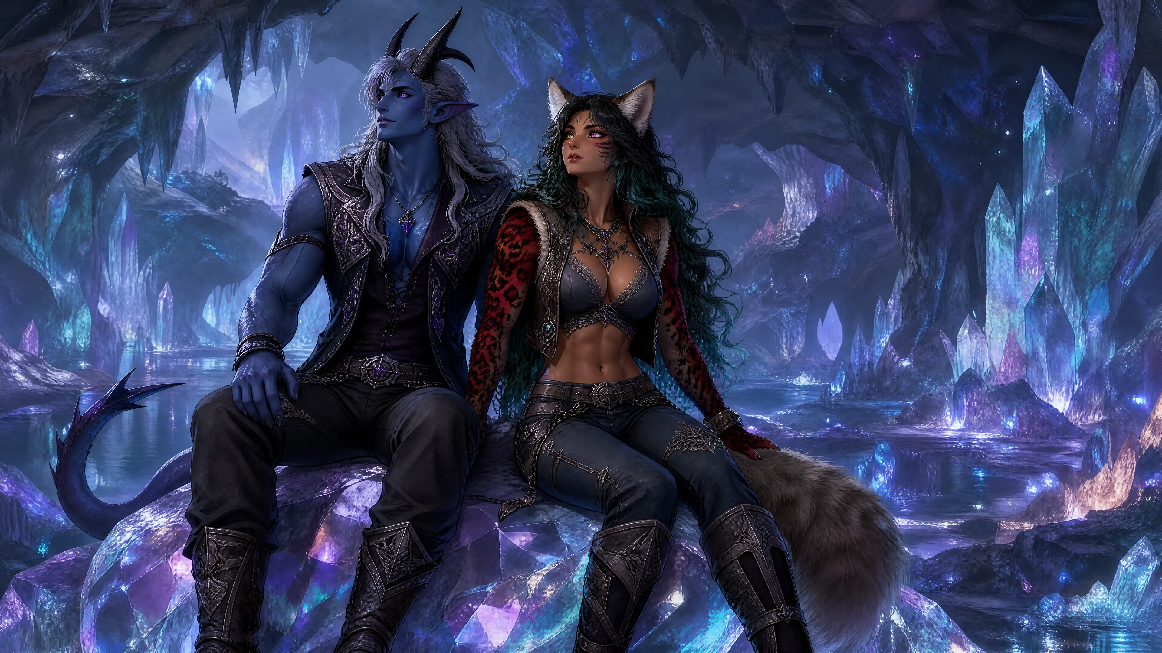 A blue demon and beastborn huntress sit on a crystal in a cavern
