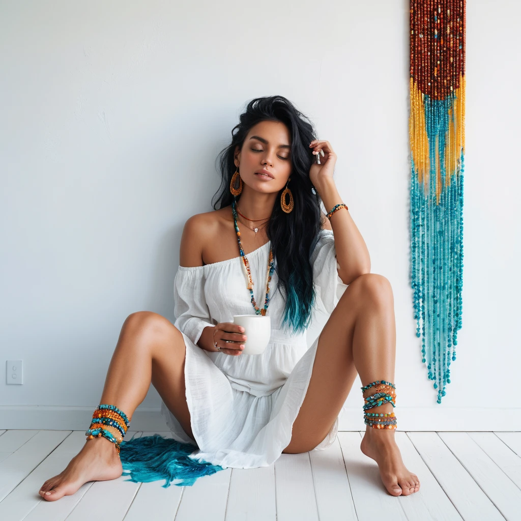 A young woman seated with a cup against a textured white wall