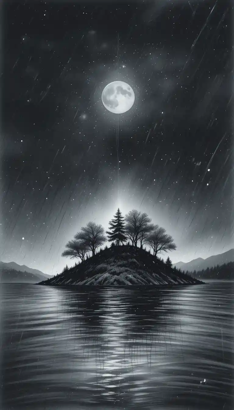 Un'isola ricoperta di alberi e un lago sotto il cielo notturno scuro