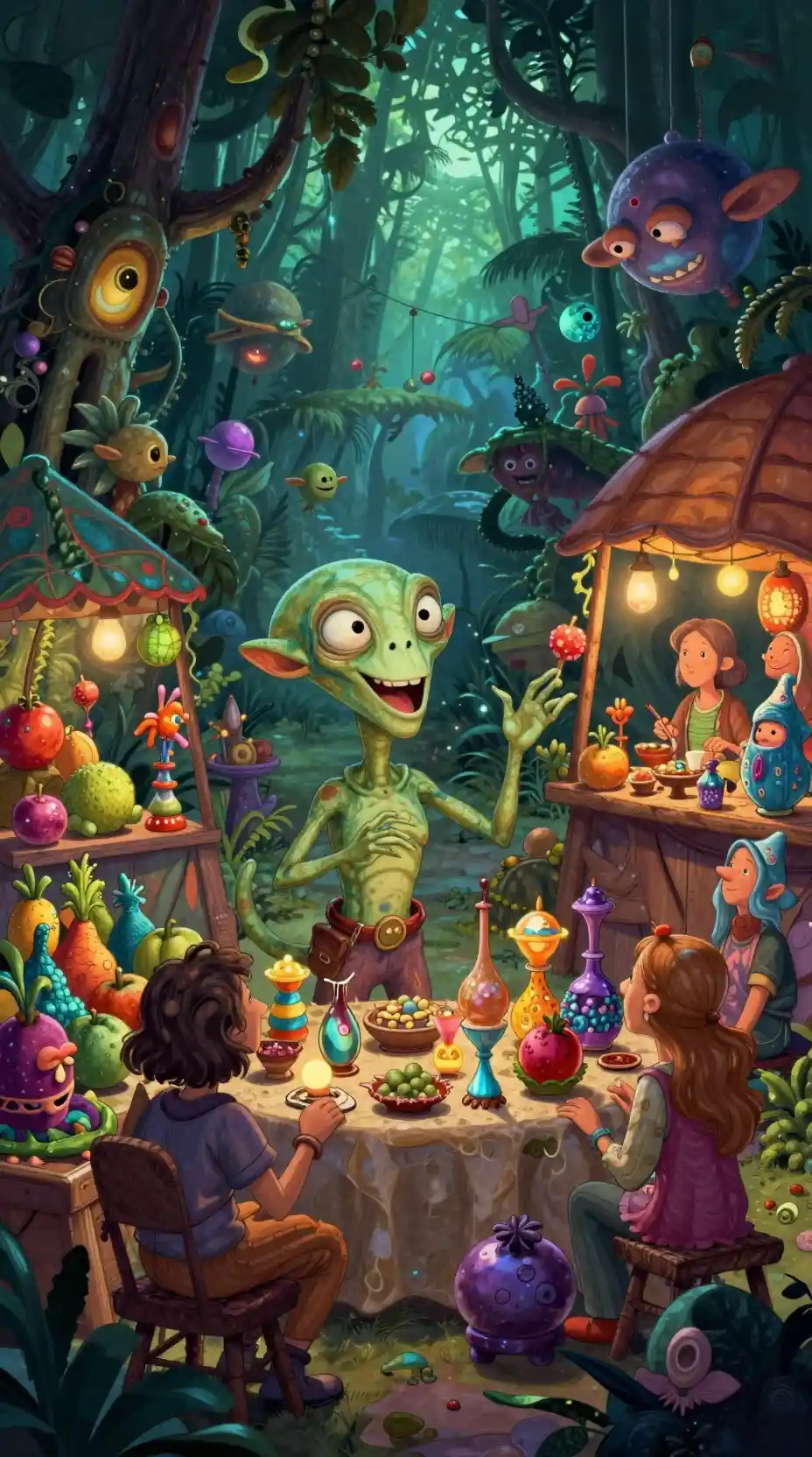 Un colorato mercato alieno brilla davanti a una giungla bioluminescente