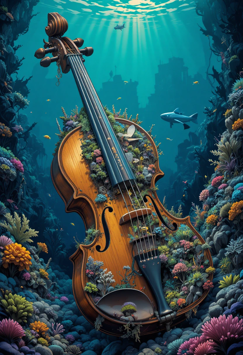 A miniature underwater kingdom unfolds inside a giant antique violin