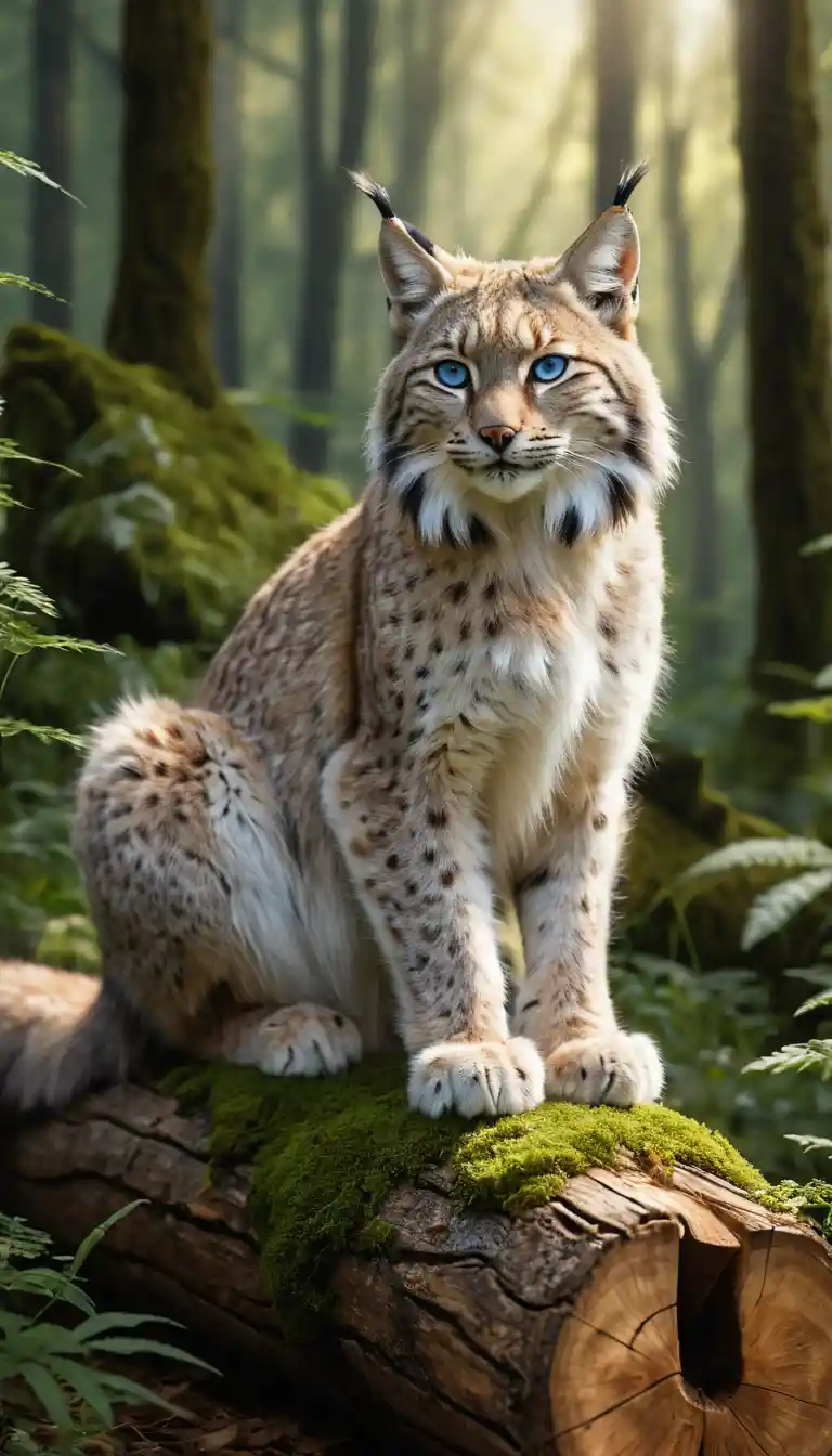 Un lince con manchas blancas descansa junto a un tronco cubierto de musgo en el bosque