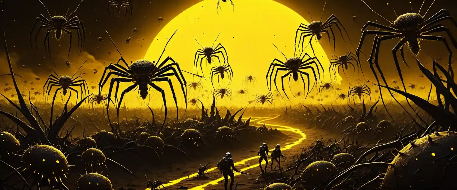 A monstrous thorned ant swarm races across spooky terrain