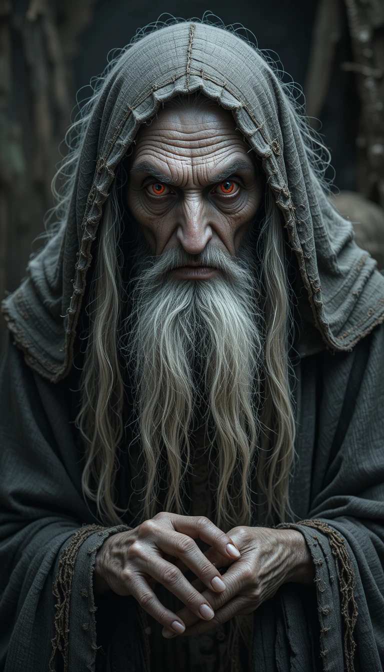 Una anciana bruja de ojos rojos, ropa rasgada y cabello blanco alborotado