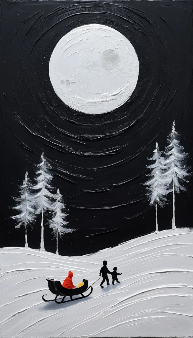 Une petite lune, une luge et des enfants sous une lueur sur un fond noir texturé