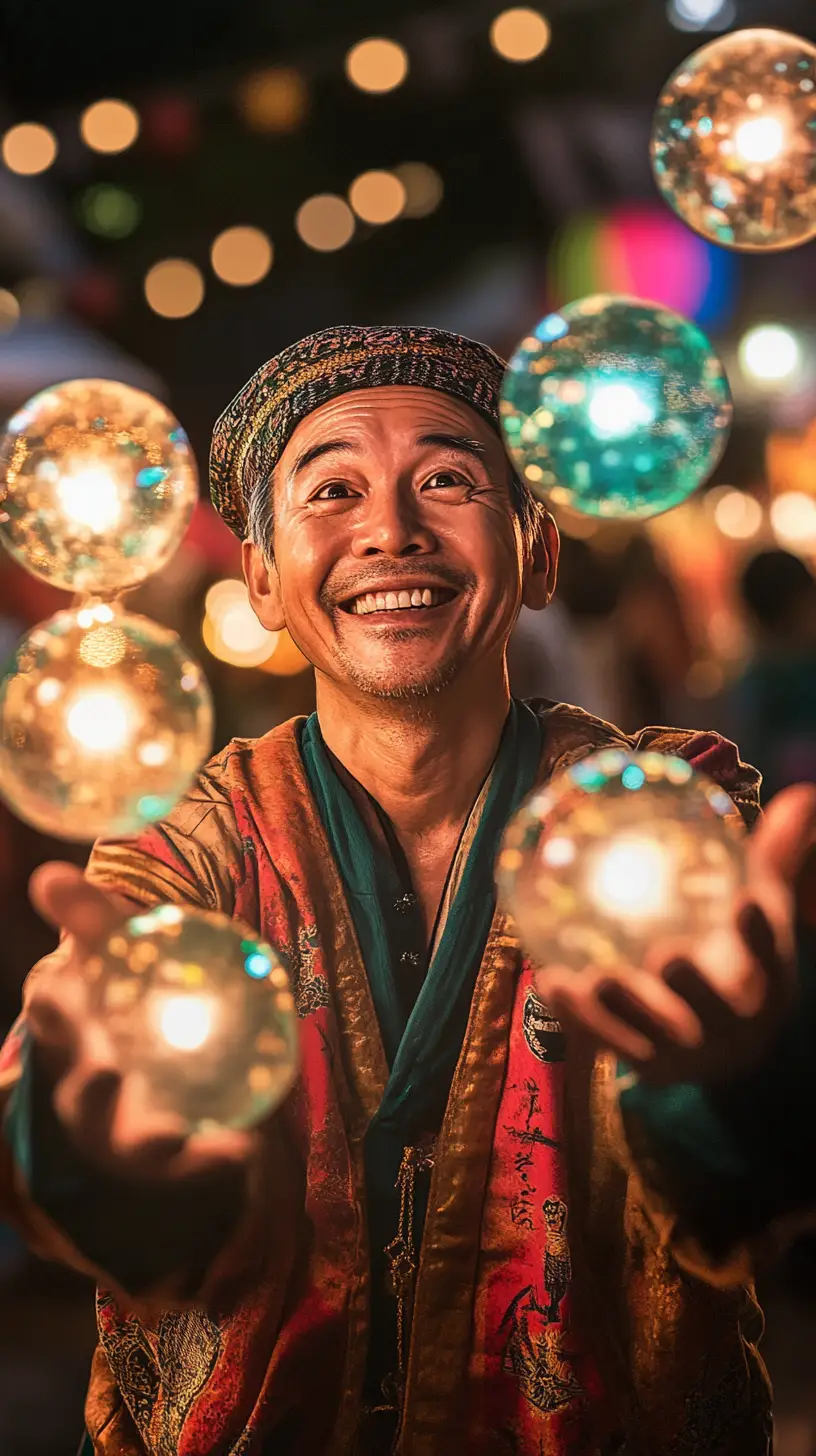 Un artista di strada fa giocoleria con sfere luminose in un vivace mercato notturno
