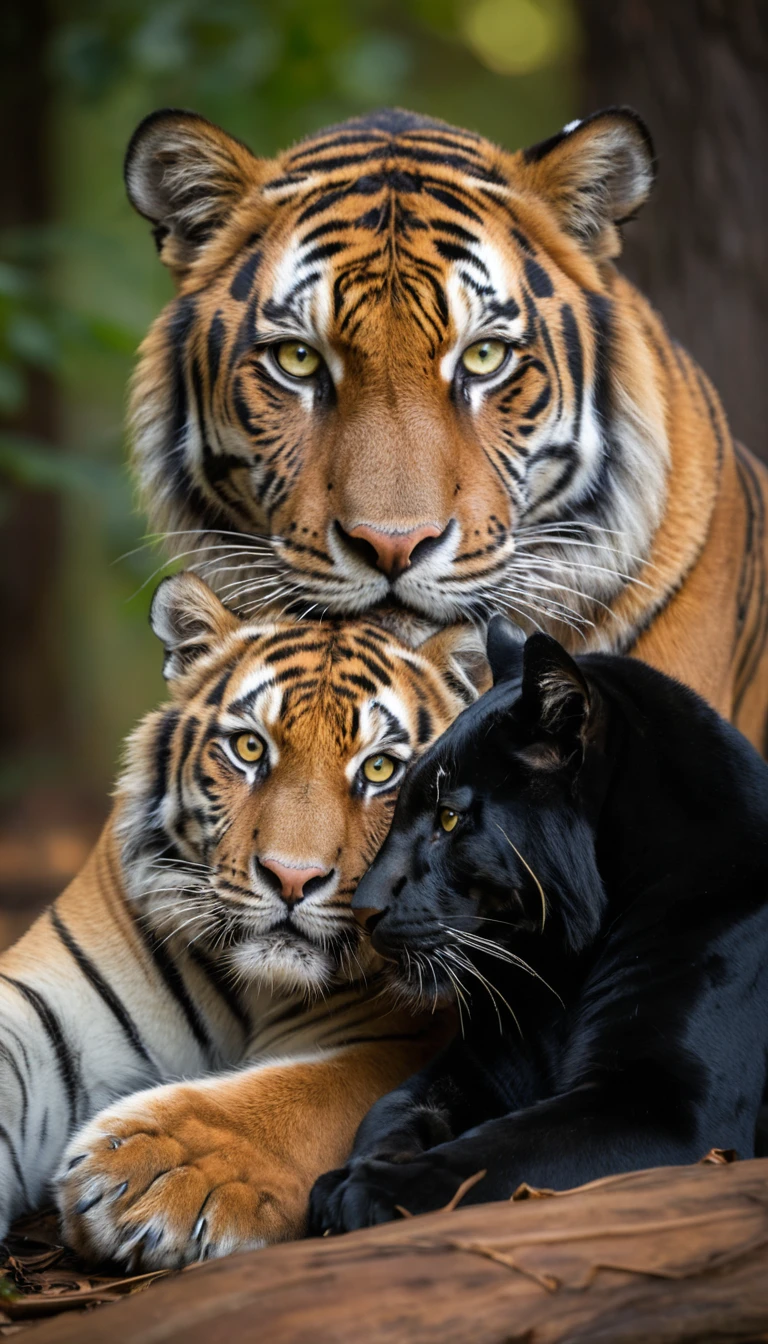 Un tigre abraza con ternura a una pantera negra en un cálido bosque
