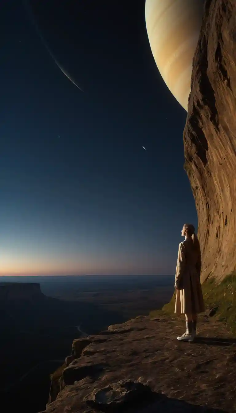 Una donna snella è in piedi sul bordo di una scogliera e guarda verso Saturno