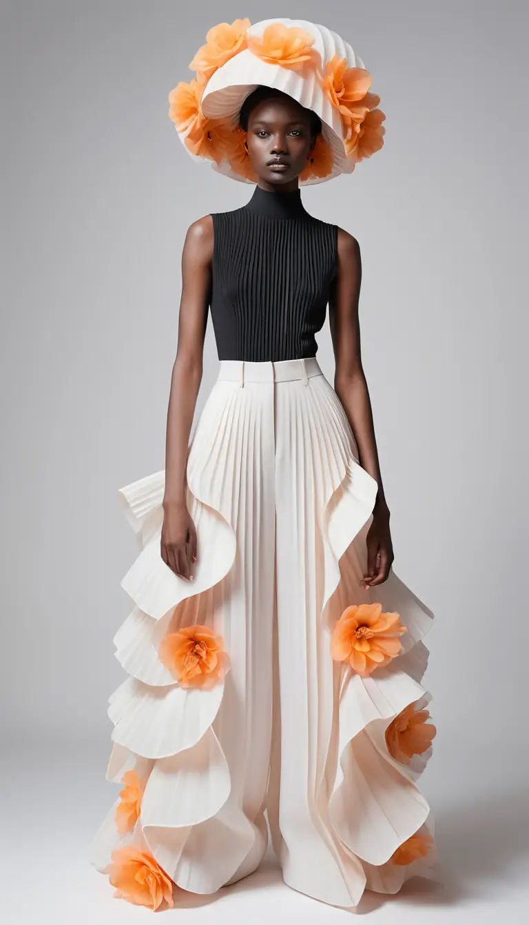 Una modella di moda scultorea in un voluminoso abito haute couture bianco e nero
