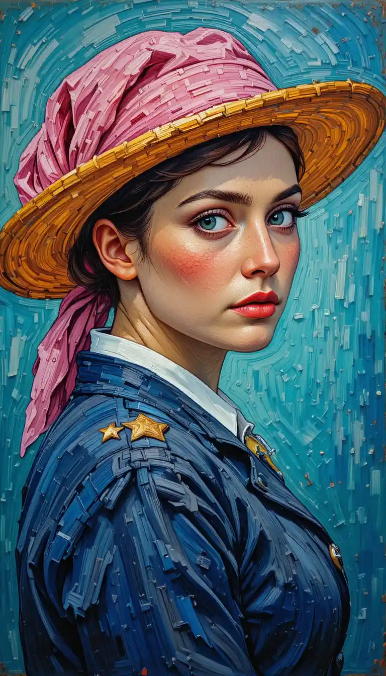 Una mujer con pañuelo rosa y sombrero, pintada al estilo del realismo socialista