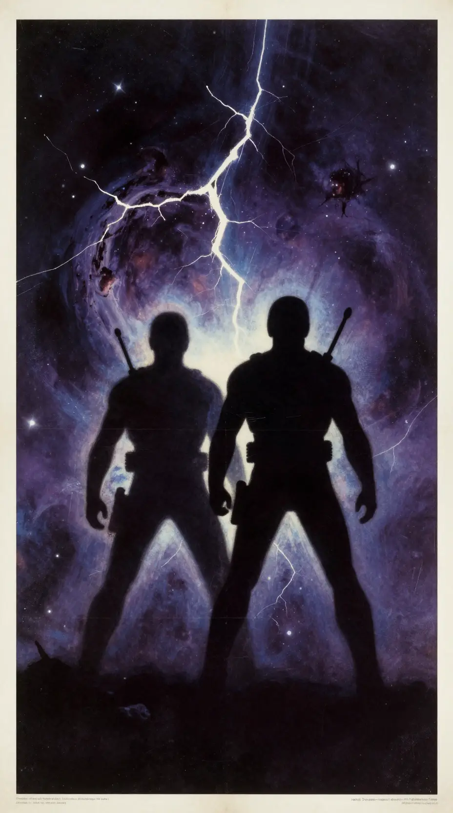 Two cosmic adventurers seen from behind amid a glowing nebula rift