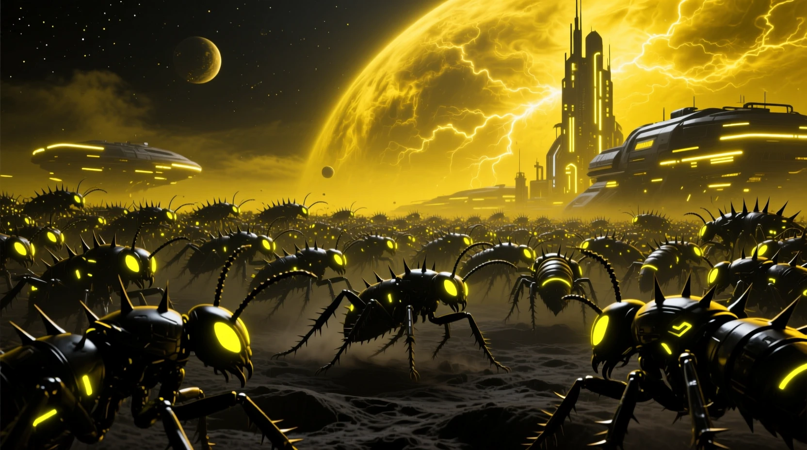 A massive thorned insectoid swarm runs across eerie terrain