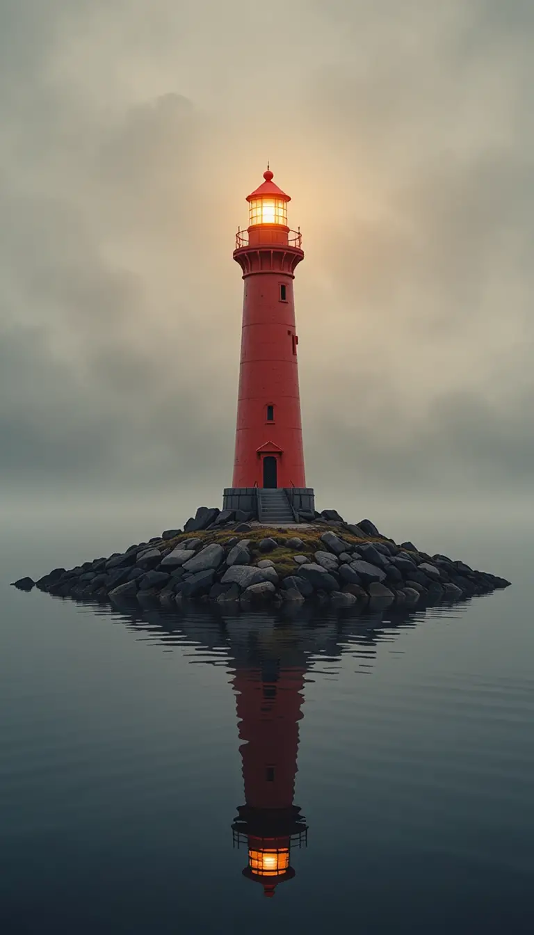 Un faro rojo reflejado en aguas tranquilas junto a una isla rocosa
