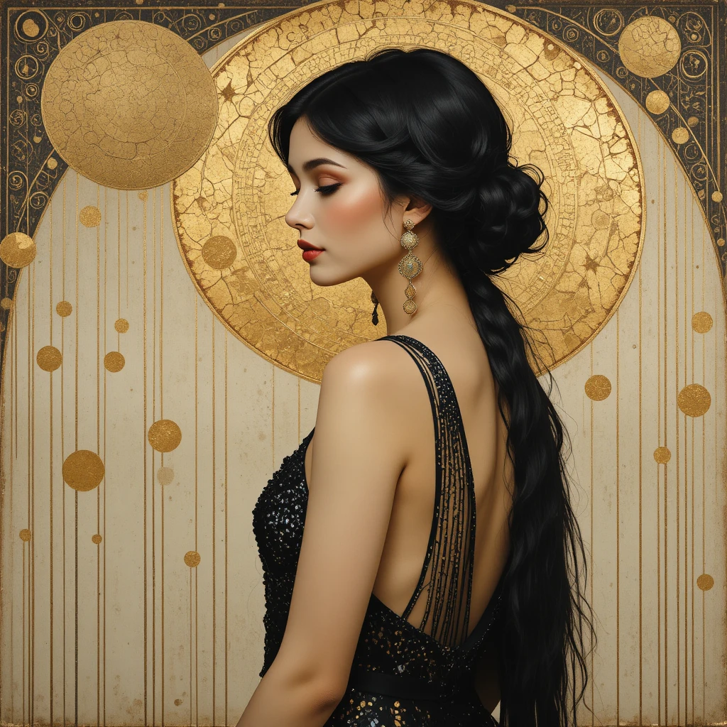 Retrato de perfil de una mujer de los años 1920 ante un fondo dorado de estilo art nouveau