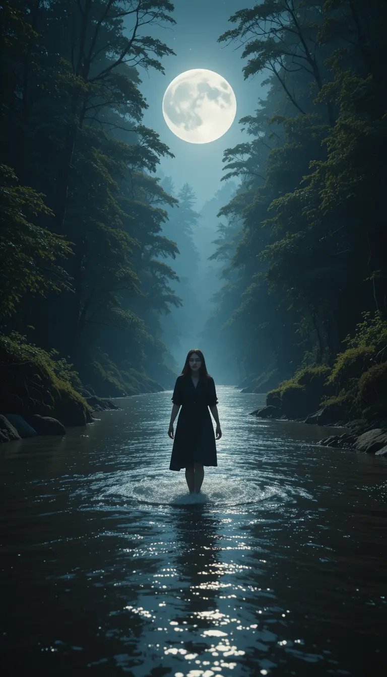 A woman sings as moonlight shimmers across a forest river