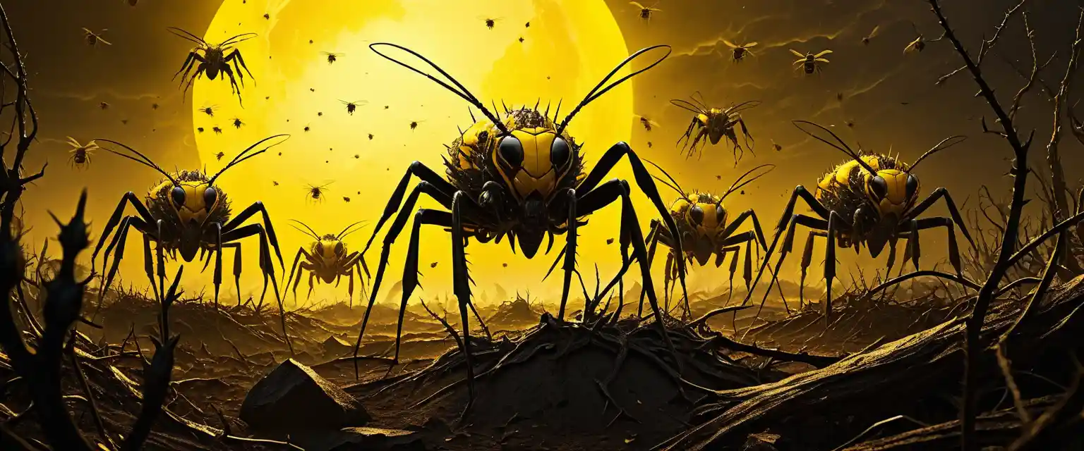 Uno sciame di calabroni spinosi attraversa un terreno arido sotto un cielo giallo scuro
