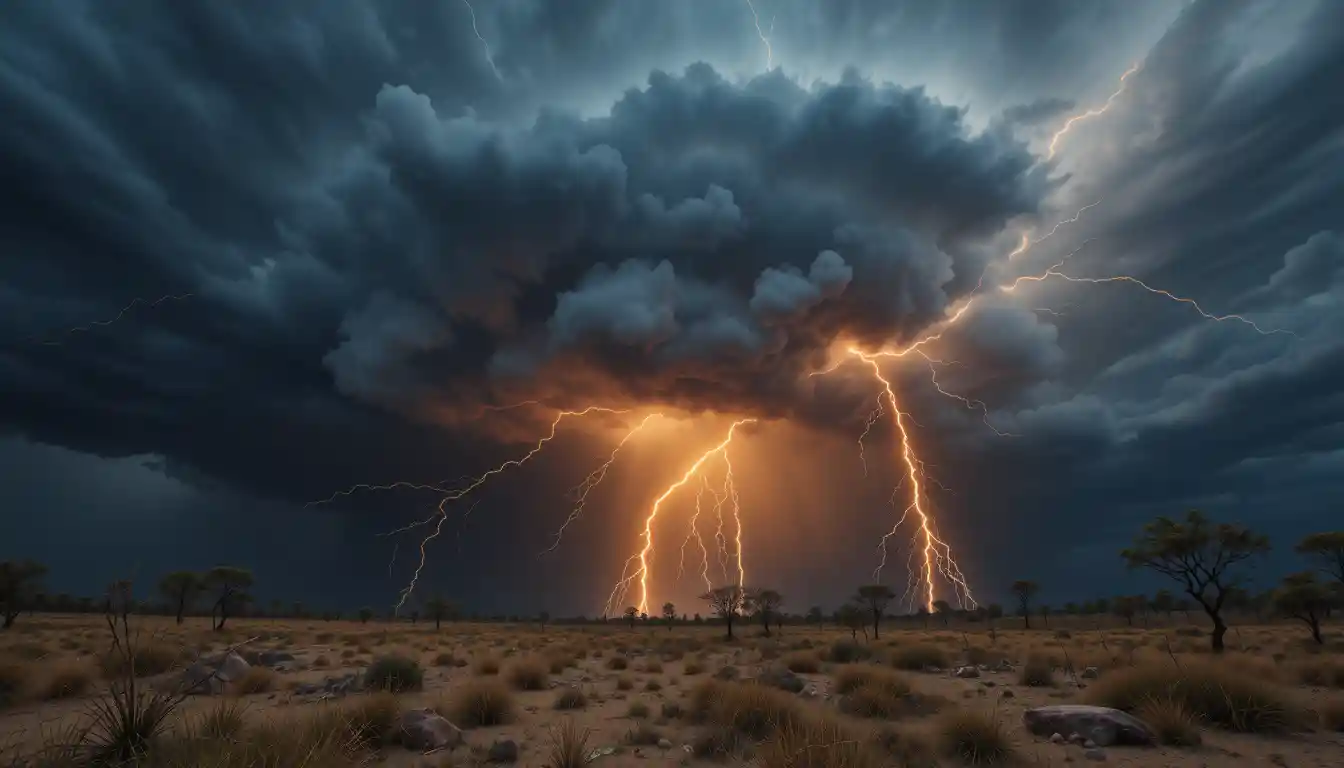 A thunderstorm sends lightning across a dark, swirling sky
