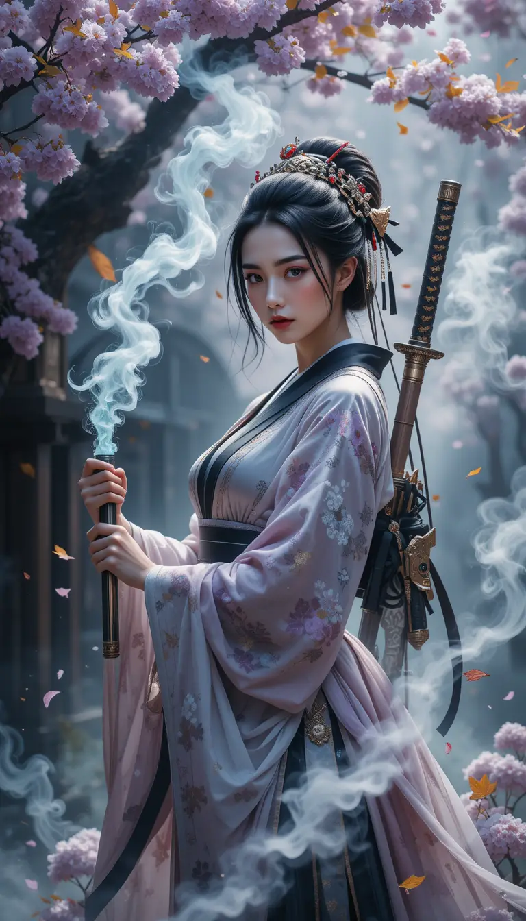 Eine Samurai-Kriegerin steht mit zwei Katanas in wirbelnden Rauchschwaden