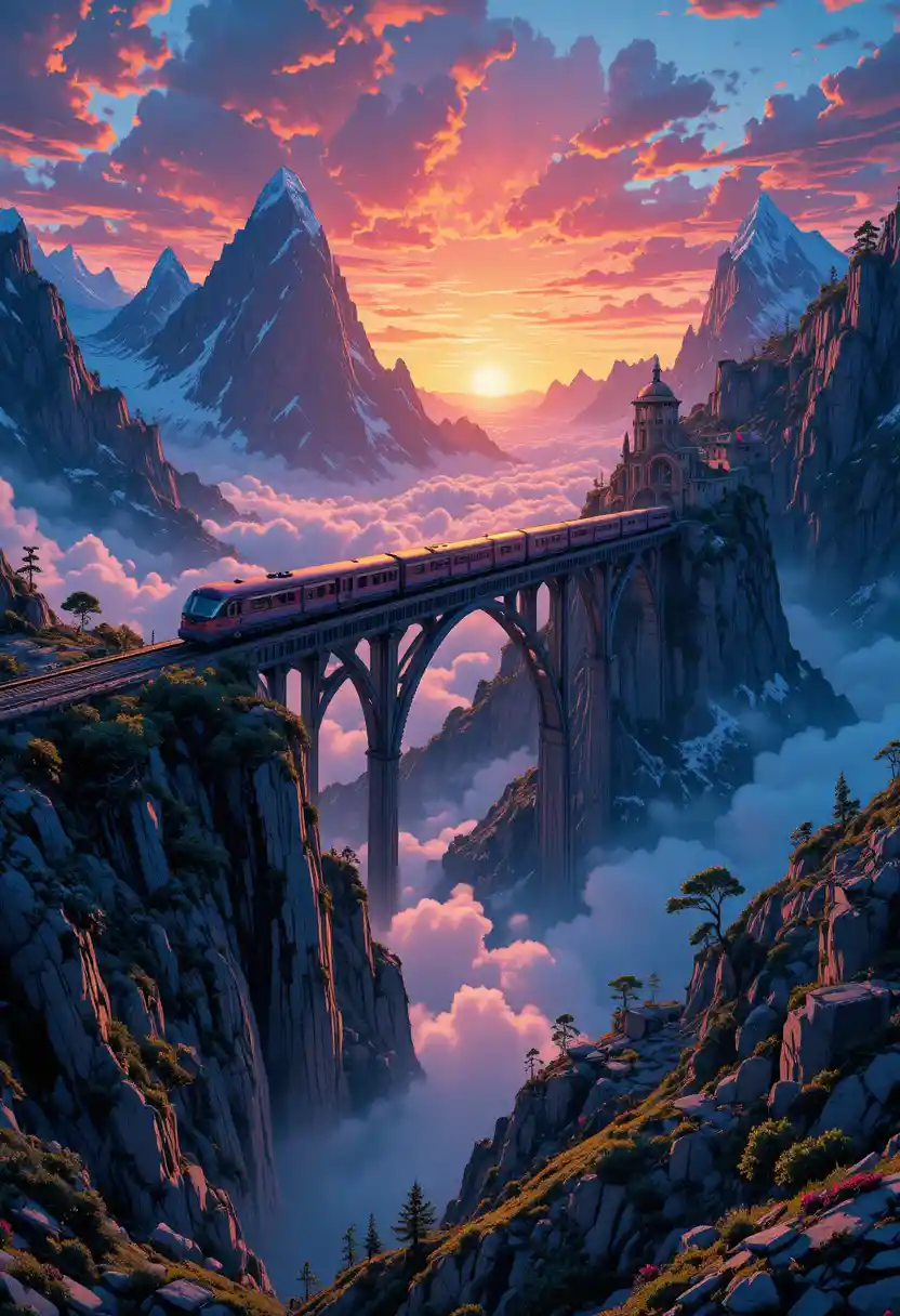 A futuristic train crosses a bridge between mountain peaks above clouds