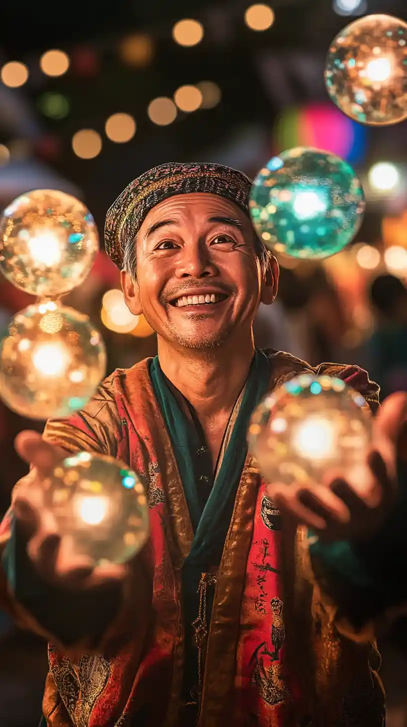 にぎわう夜市で光る球をジャグリングする大道芸人