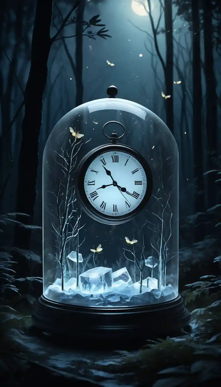 A transparent ice clock holds fireflies in a moonlit forest