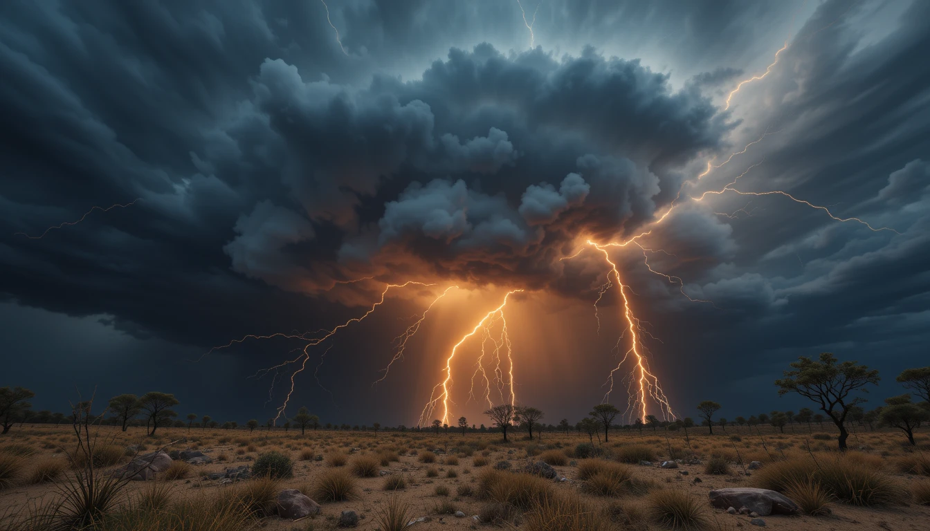 Ein Gewitter lässt Blitze über einen dunklen, wirbelnden Himmel zucken