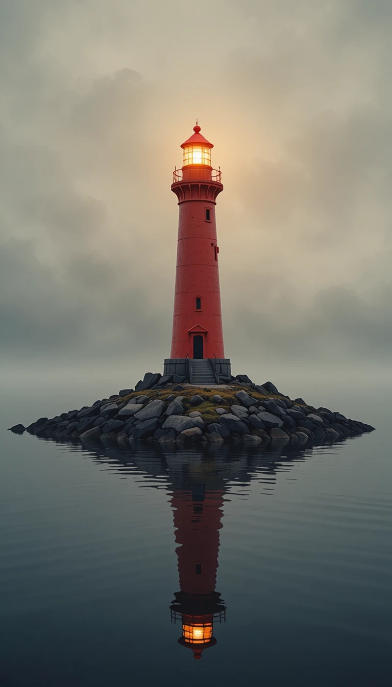Un faro rojo reflejado en aguas tranquilas junto a una isla rocosa