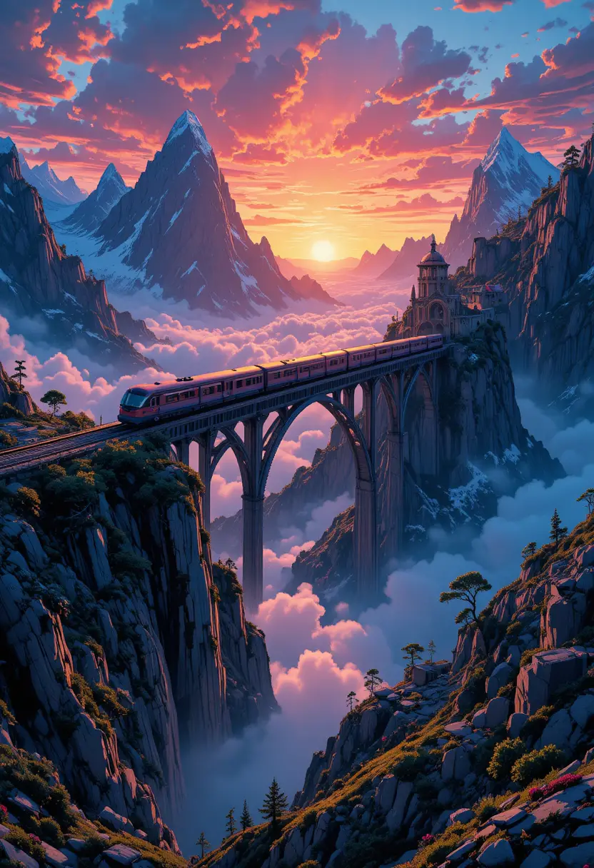 Un tren futurista cruza un puente entre picos montañosos sobre las nubes
