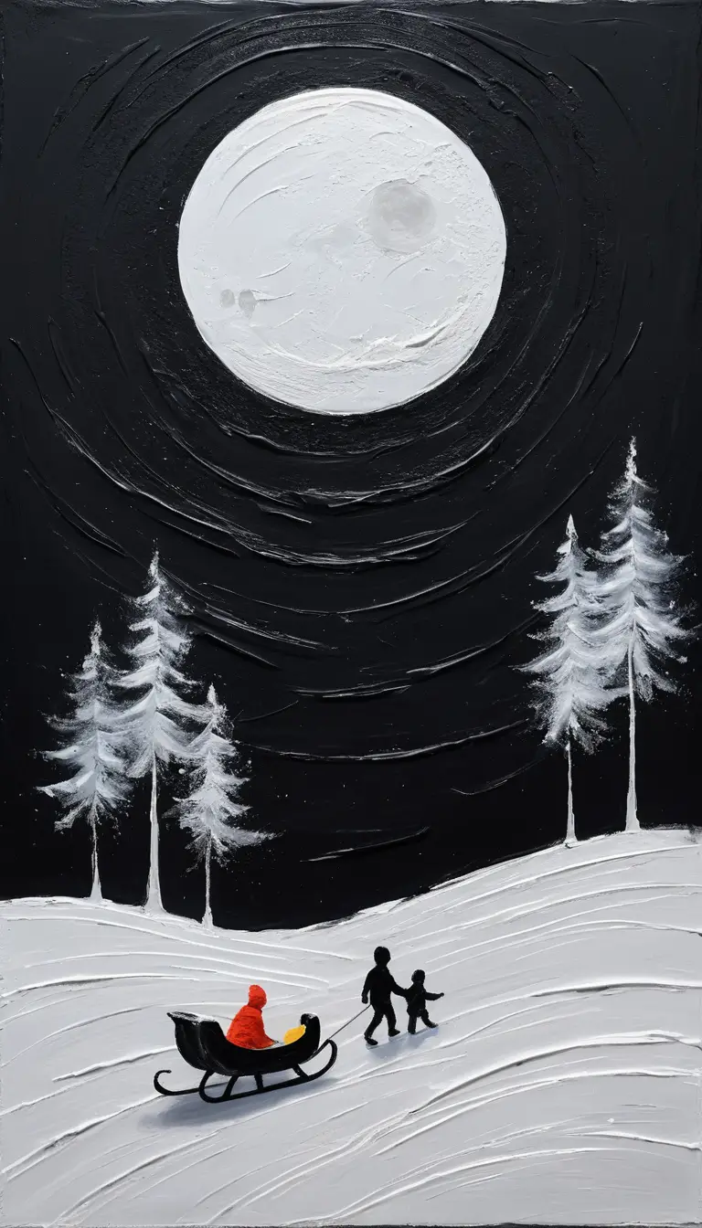 Una piccola luna, una slitta e dei bambini sotto un bagliore su uno sfondo nero materico