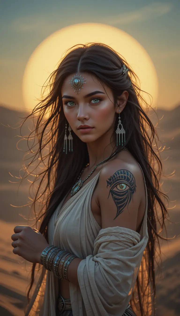 A desert warrior channels Bastet beneath the twilight glow