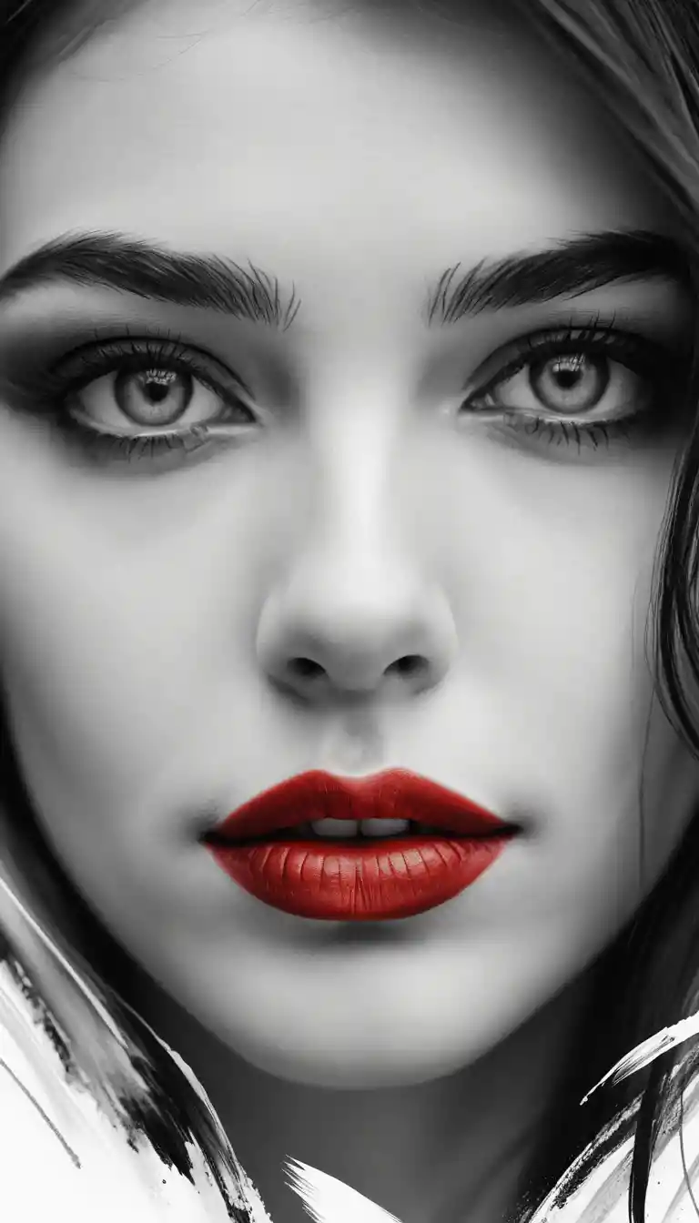 A young woman's gray-eyed portrait with scarlet lips and bold brushstrokes