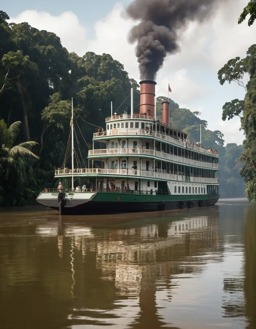 Un barco de vapor navega por el Amazonas entre la selva tropical y la niebla del río