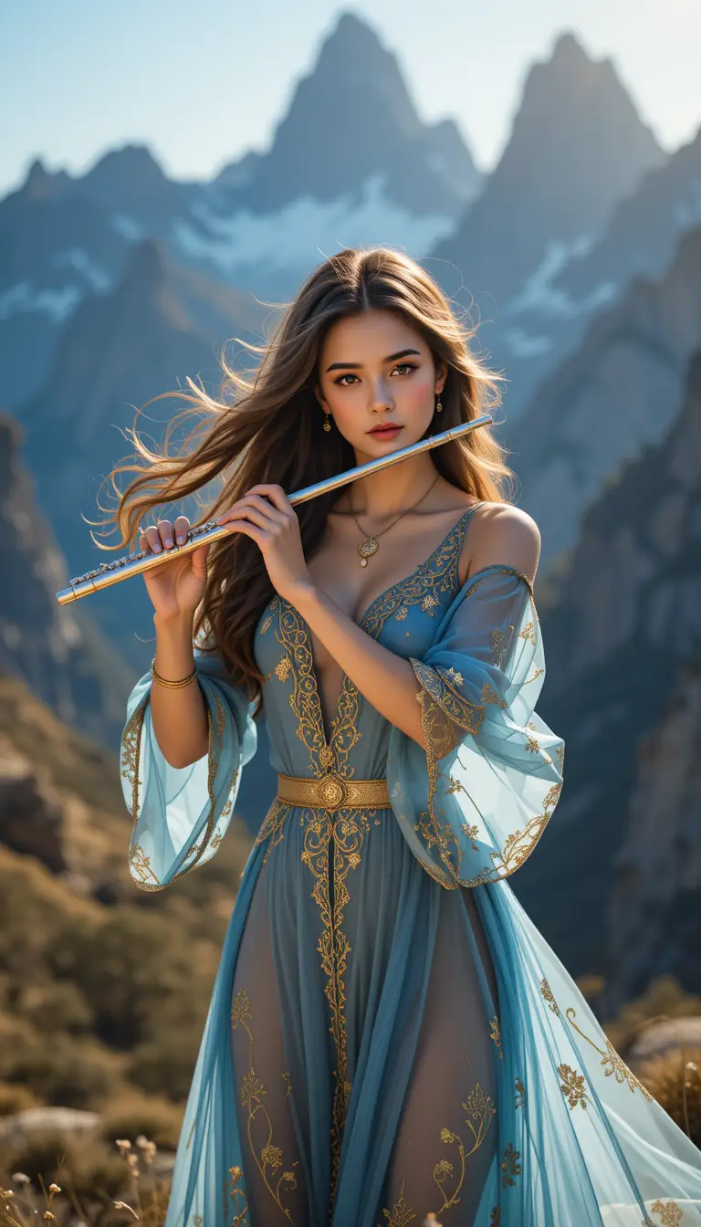 A young flutist plays beneath snow-dusted peaks in a flowing blue gown
