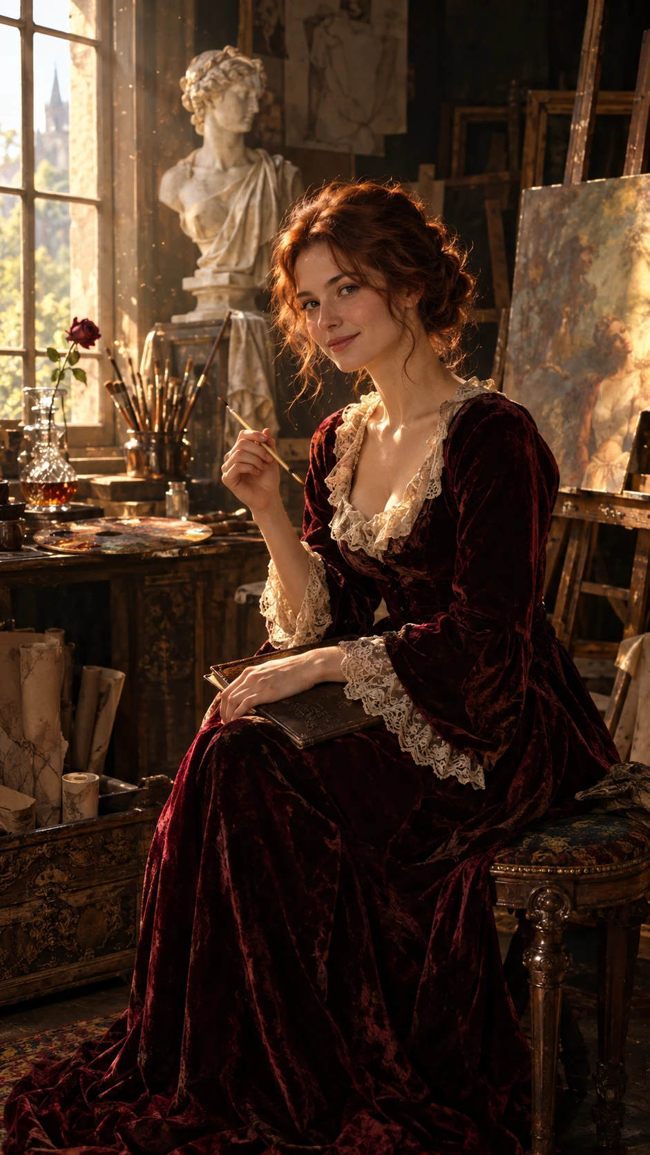 Une femme de l'époque victorienne assise parmi des sculptures dans son atelier d'art