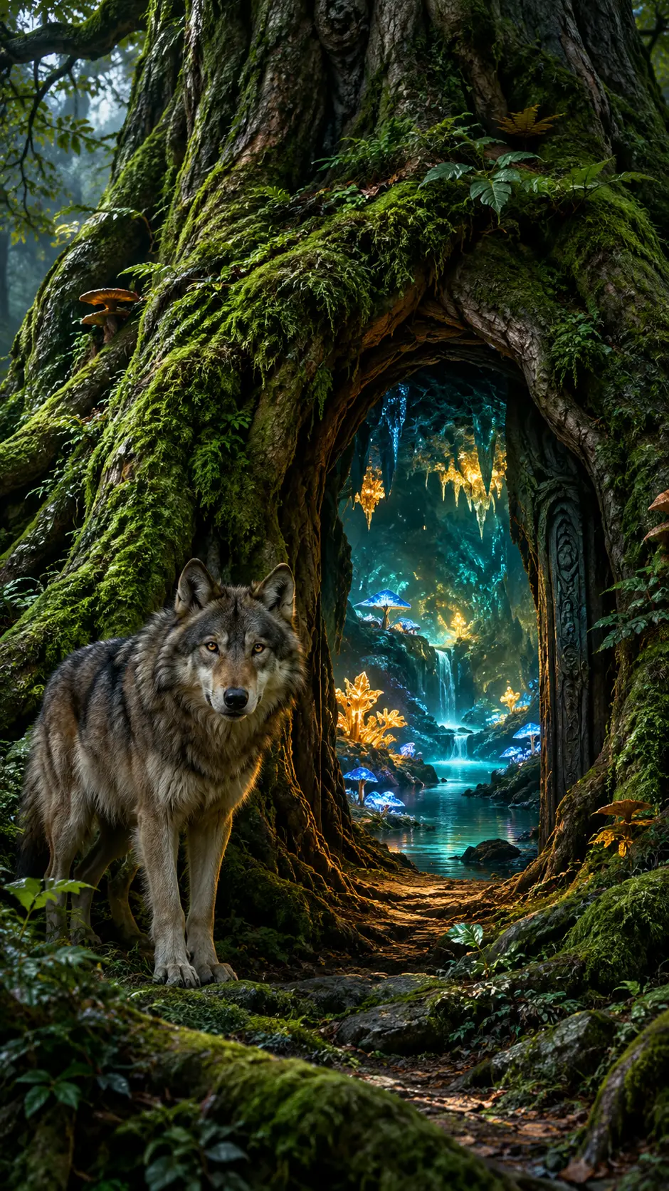 Un albero antico nasconde l'ingresso a una luminosa caverna sotterranea