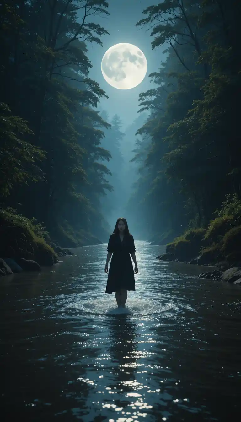 A woman sings as moonlight shimmers across a forest river
