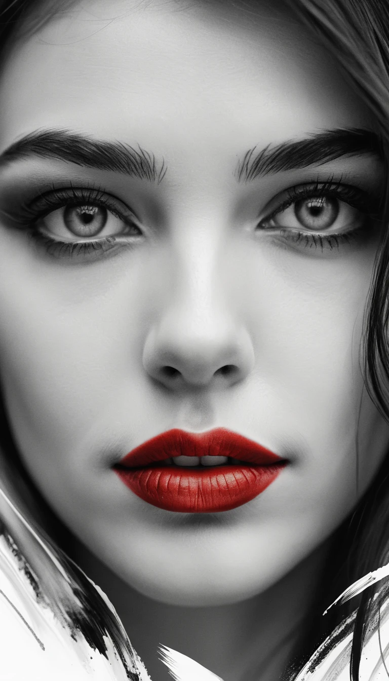 Retrato de una joven de ojos grises, labios escarlata y pinceladas audaces