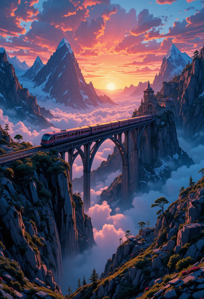 Un tren futurista cruza un puente entre picos montañosos sobre las nubes