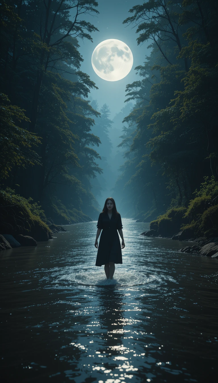 A woman sings as moonlight shimmers across a forest river
