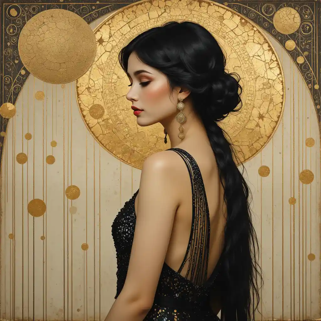 A 1920s woman's profile portrait against an art nouveau gold background
